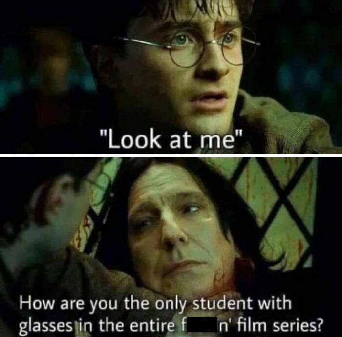 Harry Potter meme with two characters discussing the rarity of glasses among students.