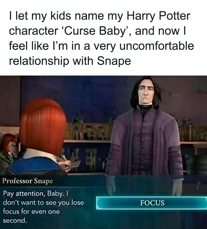 Harry Potter meme featuring Professor Snape and character named 'Curse Baby' with humorous dialogue.