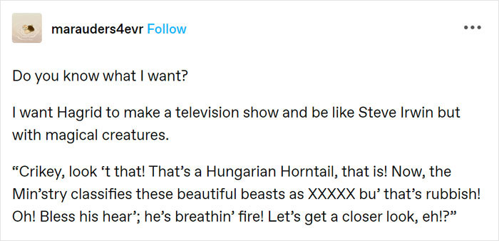 Funny Harry Potter meme imagining Hagrid hosting a magical creatures TV show like Steve Irwin.