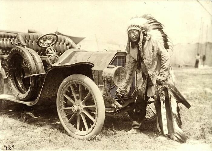 Chief Iron Tail, Cranking An Early Automobile, 1915