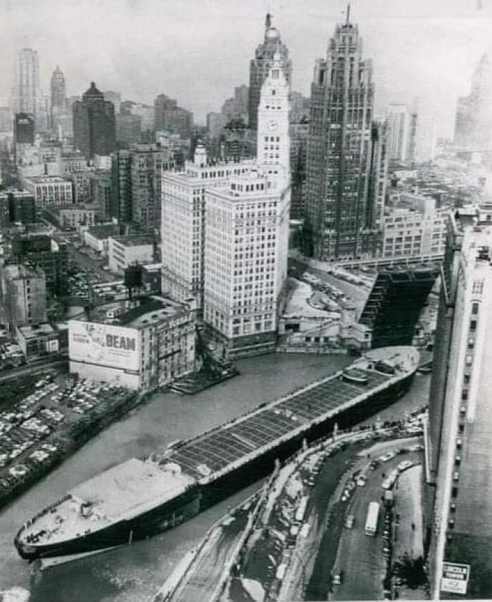 A Barge Maneuvering Under The Michigan Ave Bridge, Chicago In 1953