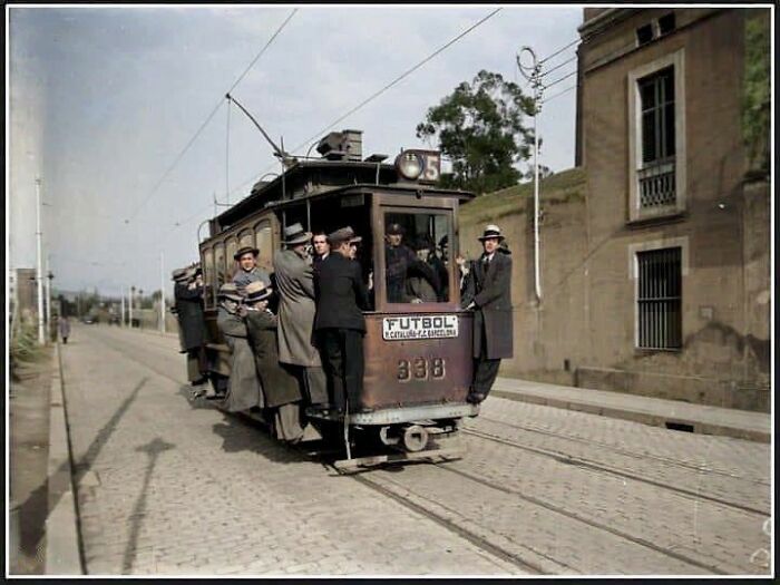 A Match Day, 90 Years Ago. Tram In The Barça Field Along Carrer Anglesola (1933)
