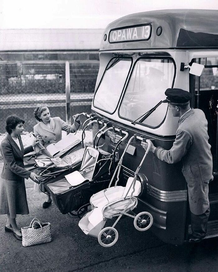 Baby Strollers Strapped To The Front Of The Bus In Opawa, New Zealand (1950s)