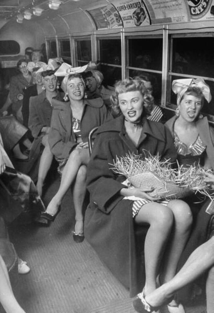Delta Gamma Girls Singing In A Bus Which Is Taking Them Through The Snow And Mud To The Talent Show. North Dakota, May 1950