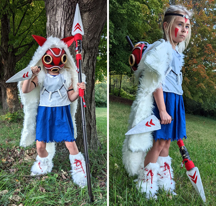 Child dressed in a creative Halloween costume with a spear and fur cape among trees, showcasing kids' Halloween costume ideas.