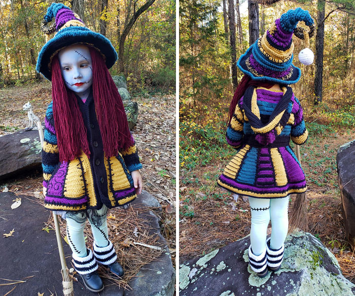 Child in colorful Halloween costume with witch hat and face paint outdoors, showcasing creative kids Halloween costume ideas.