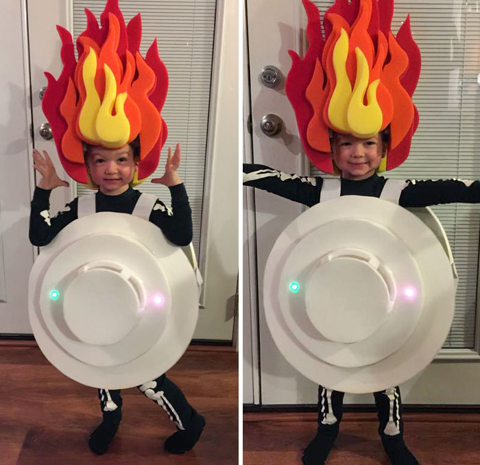 Child in a creative Halloween costume with a flame hat and a picnic table outfit, showcasing kids' Halloween costume ideas.