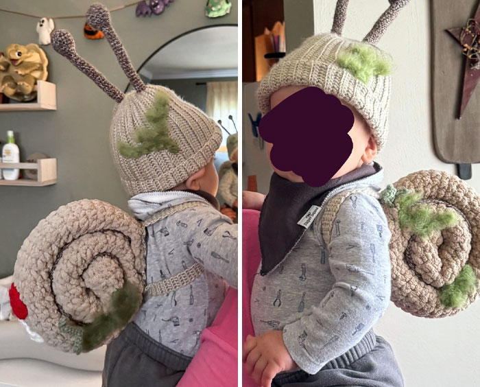 Toddler wearing a creative handmade snail costume, one of the kids' Halloween costume ideas that worked like magic.