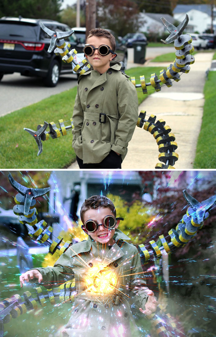 Boy in a creative Halloween costume with mechanical arms and goggles, showcasing unique kids' Halloween costume ideas.