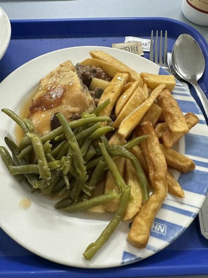 Plate of hospital food featuring green beans, fries, and a meat pie on a blue tray, showcasing hospital food from various places.