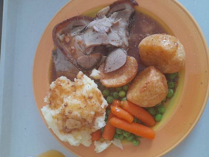 Plate of hospital food with mashed potatoes, carrots, peas, roast potatoes, and sliced meat in gravy from various places worldwide.