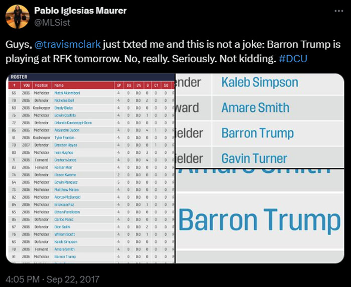 A tweet humorously reveals Barron Trump listed as a midfielder on a soccer roster, with the user surprised by the news, emphasizing his participation. A tweet humorously reveals Barron Trump listed as a midfielder on a soccer roster, with the user surprised by the news, emphasizing his participation.