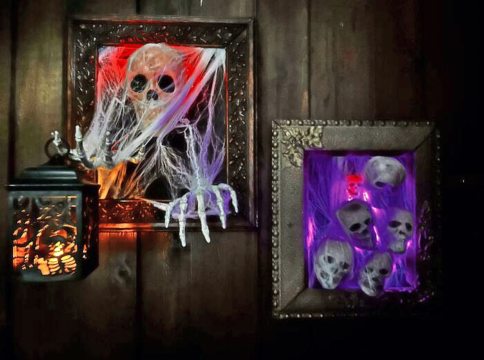 Halloween Decorations My Mom Made. The Skulls And Bones Were Bought At A Store, Same With Webs And Lanterns. My Mother Used Old Picture Frames We Had To Assemble These Cool Decorations