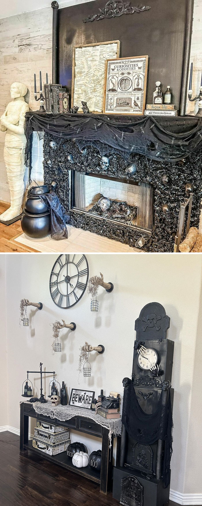 I Try To Switch Things Up Every Year But Not Spend A Fortune So This Year I Made This Fireplace Cover Out Of Foam And The Grandfather Clock Out Of Boxes And Tombstones From The Dollar Store