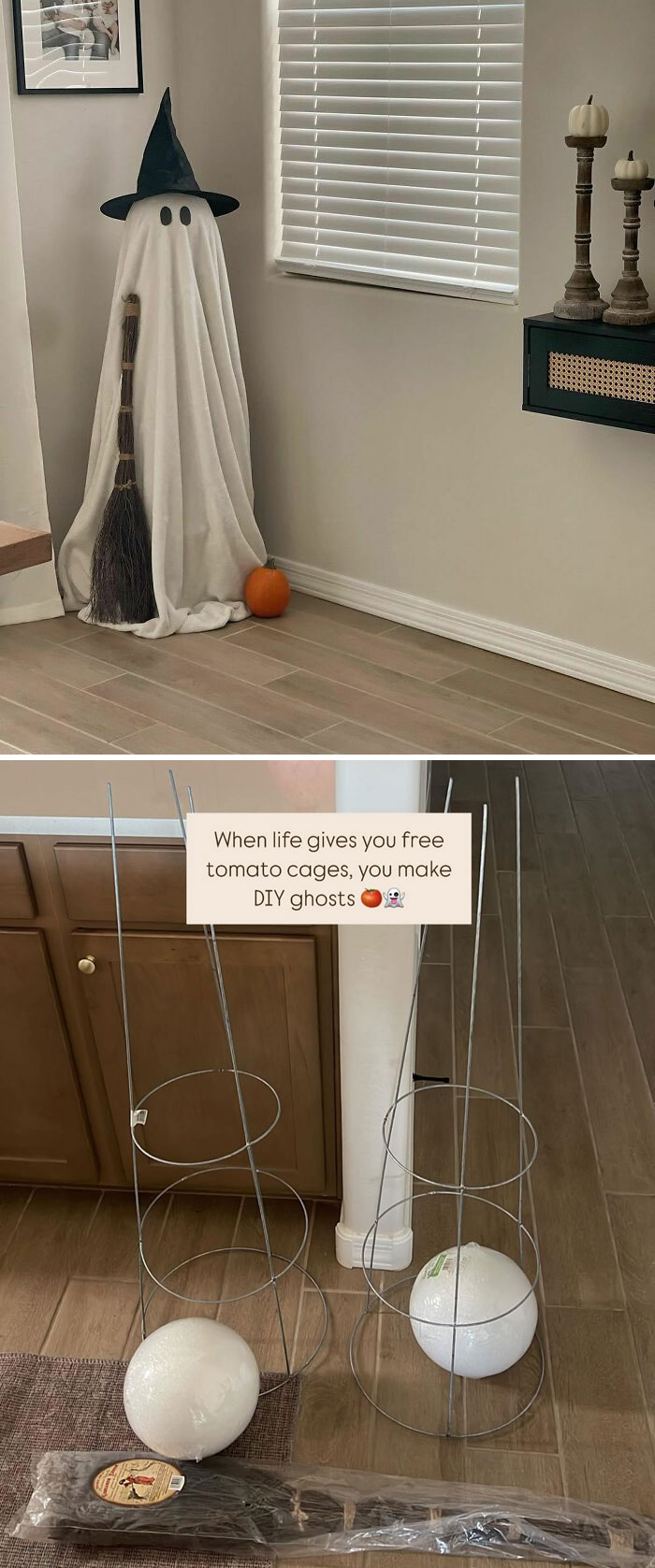 Meet Our Newest Spooky Friend. Ghost Friend Made From A Tomato Cage