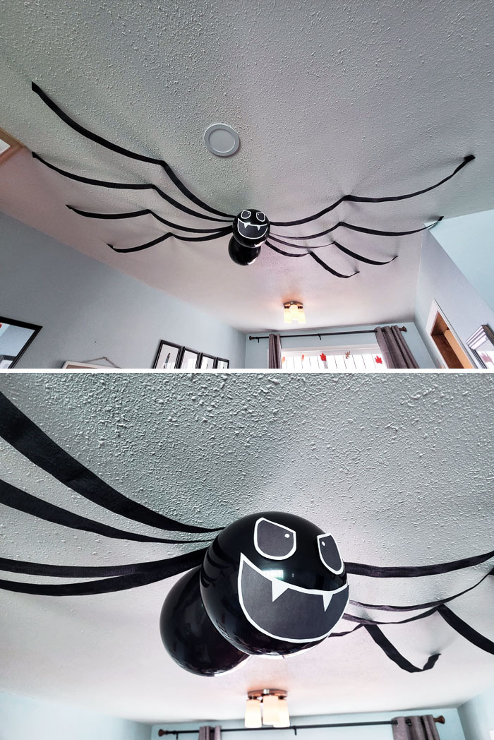 A Ceiling Spider For Your Halloween Home. Made Out Of Balloons, Streamers, And Construction Paper. My Mom Used To Put One Up Every Year, And Now I Get To Do The Same For My Kids