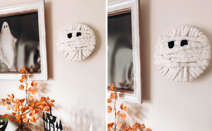 Easy Halloween DIY. Go To The Dollar Store And Grab A Plain Sign, Get Some Yarn And Wrap It Around The Sign. Get Some Sticky Felt And Cut Out Some Eyes To Make A Cute Mummy Or Ghost Decor