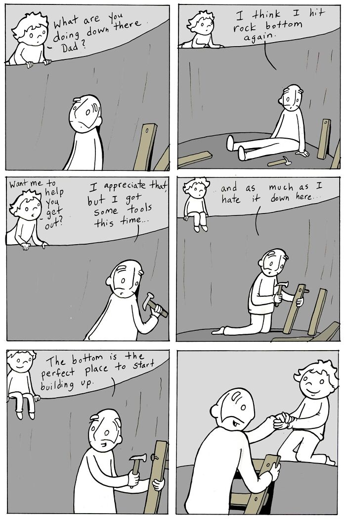 Heartfelt Lunarbaboon comic showing a father and child discussing kindness and building up from rock bottom together.