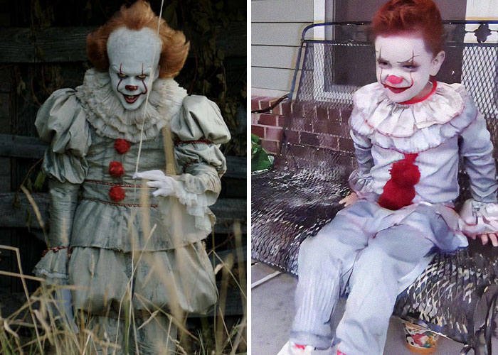 Adult and child dressed in scary clown Halloween costumes, showcasing popular Halloween costumes for this year.