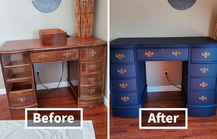 Before and after images of a DIY home project showing a refurbished wooden desk painted navy blue.