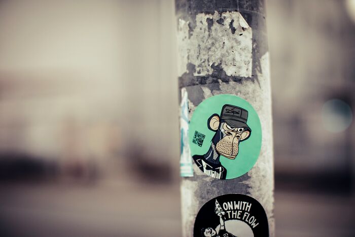 Sticker of an illustrated monkey character on a worn pole representing internet trends that disappeared quickly.