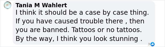 Comment discussing bans and face tattoos, mentioning "stunning" appearance.