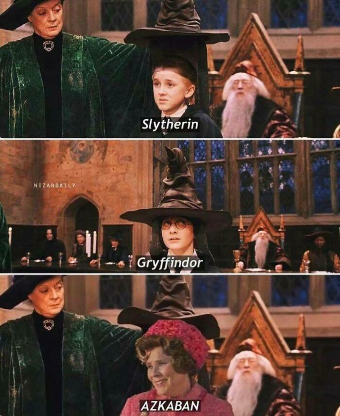 Sorting Hat humor with "Slytherin," "Gryffindor," and "Azkaban" selections, featuring iconic Harry Potter scenes.