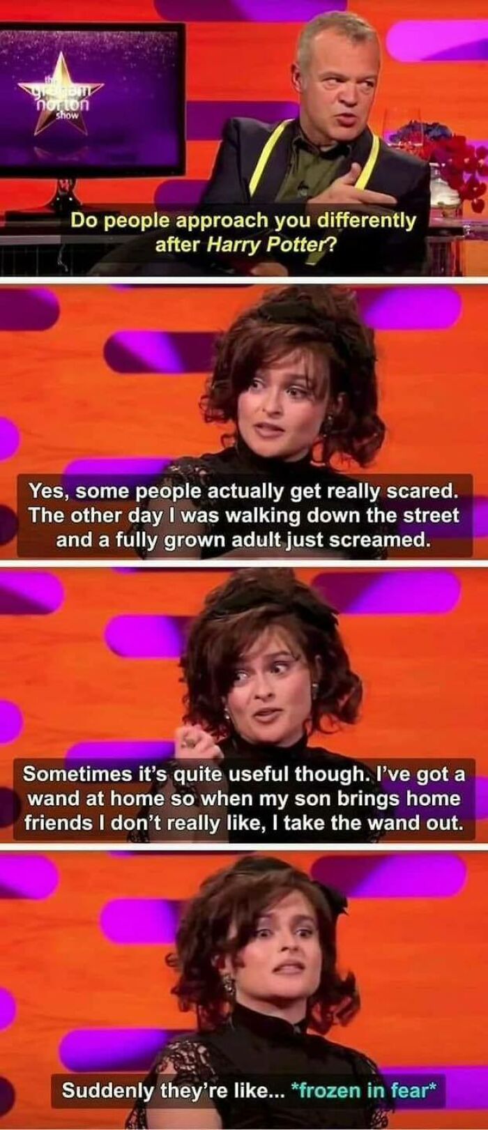 TV show scene with guests discussing fan reactions to Harry Potter, sharing funny anecdotes about using a wand at home.