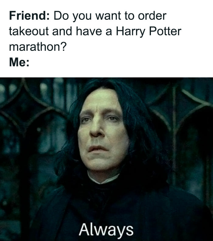 Harry Potter meme featuring a character's reaction to a movie marathon suggestion, captioned "Always."