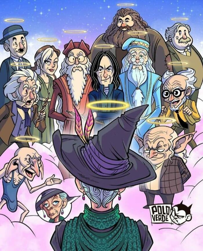 Cartoon of Harry Potter characters with halos, wearing iconic outfits, in a humorous heaven setting.