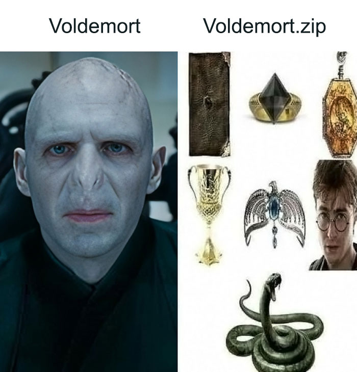 Voldemort humor meme featuring Horcruxes in a zip format, perfect for Harry Potter fans.