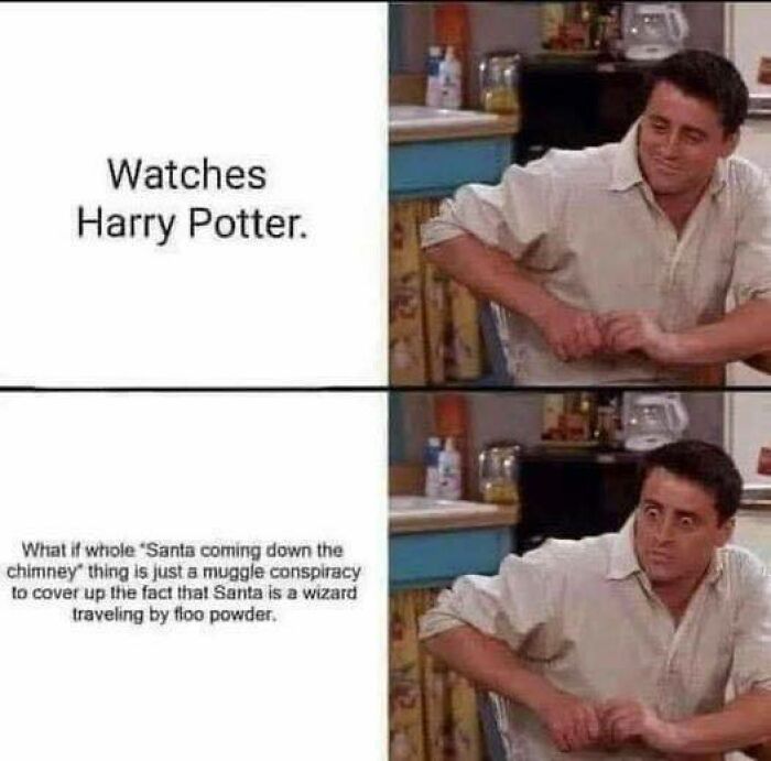 Man reacts humorously to Harry Potter meme about Santa being a wizard using floo powder.