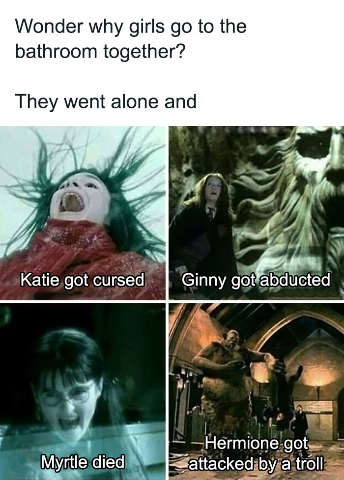 Funny Harry Potter meme about why girls go to the bathroom together.