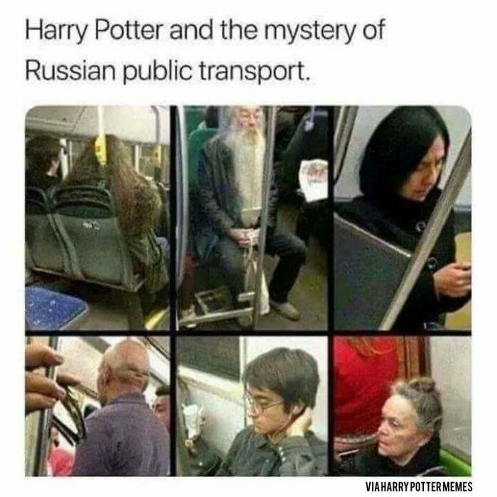 Public transport passengers resembling Harry Potter characters in a humorous meme.