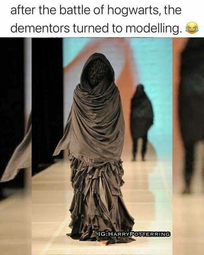 Harry Potter meme of a dementor on a fashion runway.