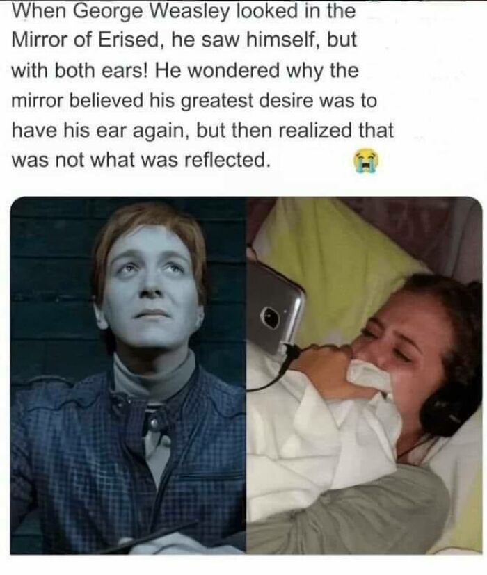 A funny meme featuring George Weasley from Harry Potter with an emotional reaction.