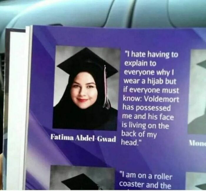 Graduate wearing a hijab humorously references Harry Potter and Voldemort in yearbook caption.