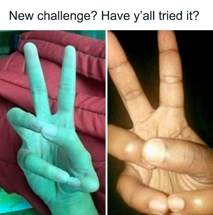 Two hands showing a confusing finger challenge, illustrating bizarre pics with a dark, hilarious twist in reality.