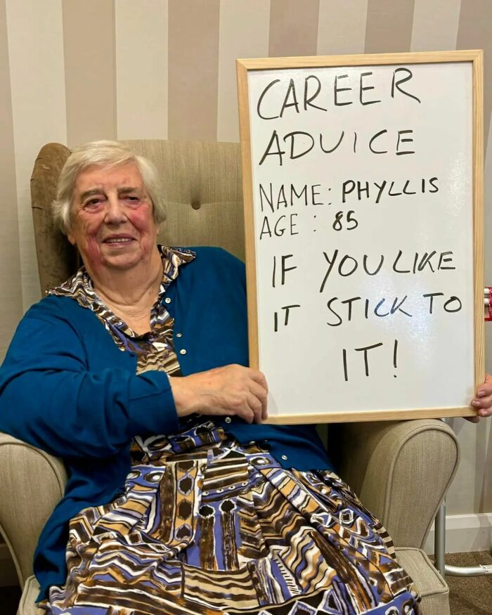 Elderly woman sharing career advice on Instagram page dedicated to elders doling out life advice and hard truths.