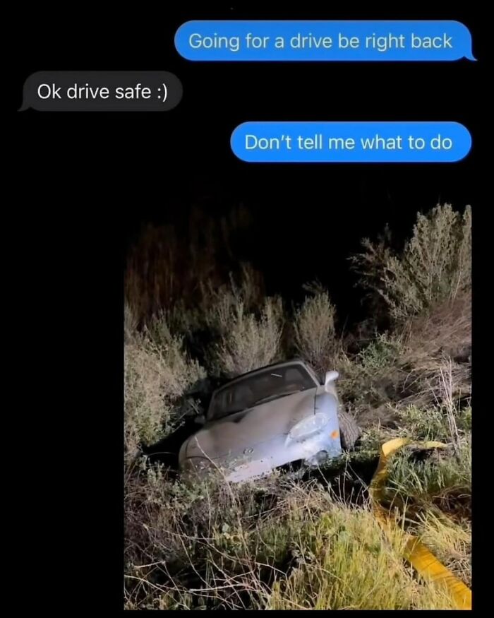 Text conversation about driving safely followed by a car crashed in bushes, illustrating sadistic memes on Instagram.