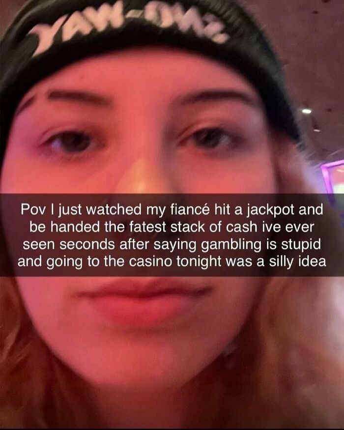 Close-up of a person wearing a beanie with a sadistic meme text about gambling and hitting a jackpot on Instagram.
