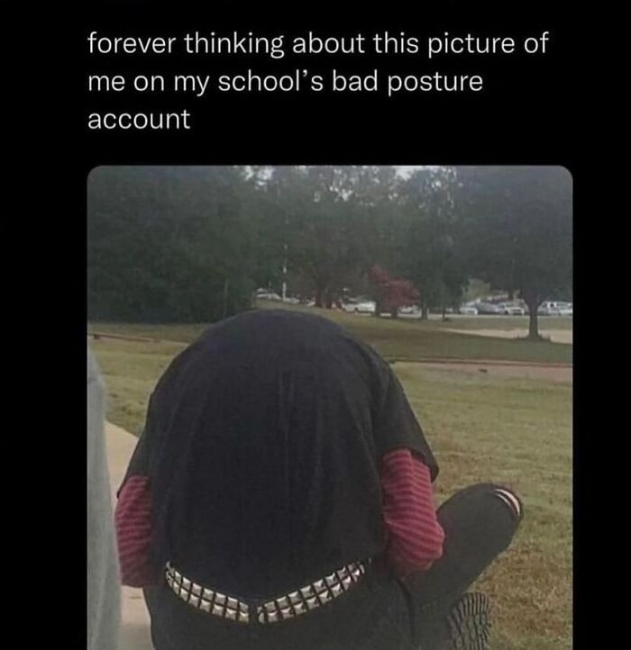 Person crouching outside with head down in a sadistic meme shared on Instagram account to make followers smirk.