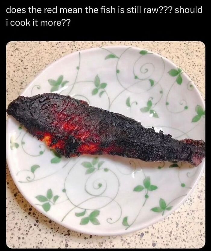 Burnt fish on a plate with a caption questioning if the red means the fish is still raw, a sadistic meme from Instagram.