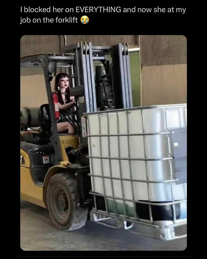 Person with dark makeup driving a forklift in a warehouse, featured in sadistic memes from an Instagram account.