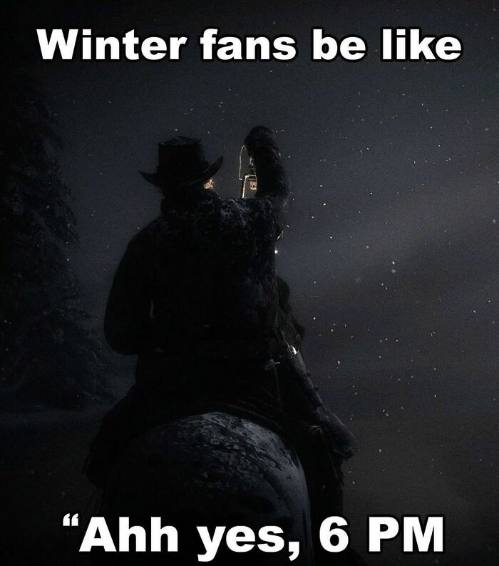 Dark snowy night with a person on horseback holding a lantern, an example of sadistic memes about winter fans on Instagram.