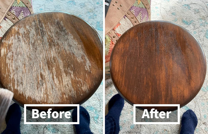 Before and after refinishing a wooden stool for a simple DIY home project.