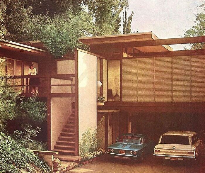 Mid-century modern exterior with vintage cars and retro architecture reflecting interiors from the 50s to 80s.