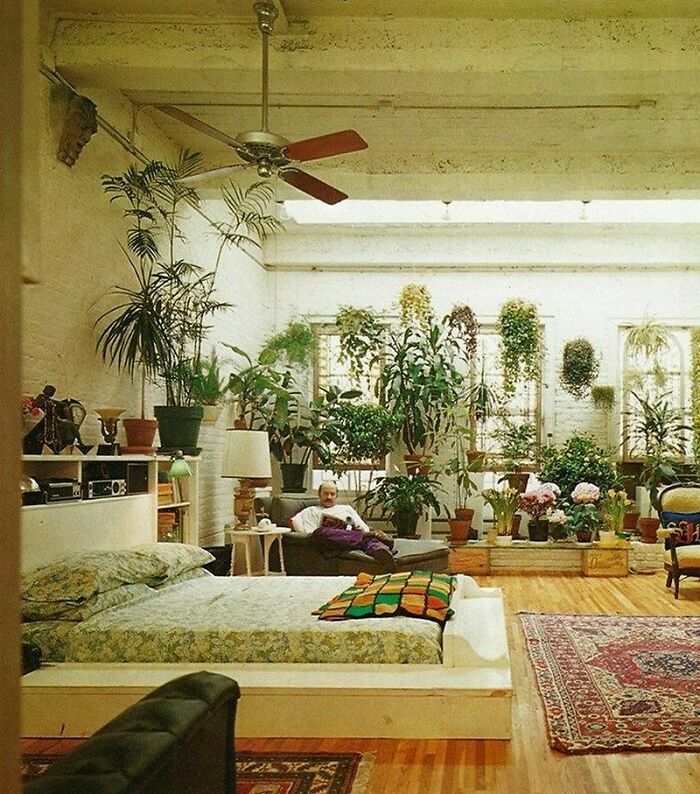 Vintage interior from the ’50s to ’80s with abundant plants, wooden floors, and retro furniture in a bright studio apartment.
