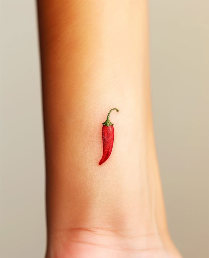 Small tattoo of a red chili pepper on the forearm, showcasing a bold design idea.
