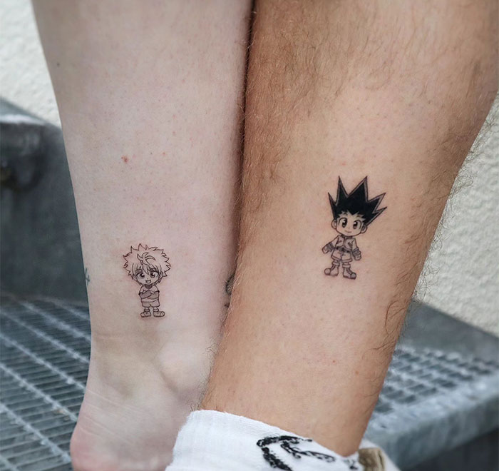 Two small anime character tattoos on legs, showcasing unique small tattoo ideas.